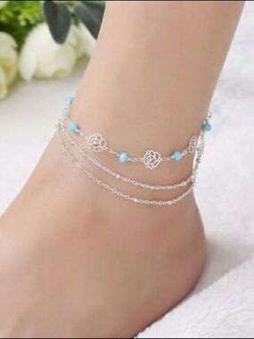 Trendy Silver Anklet Bracelet with Turquoise Beads